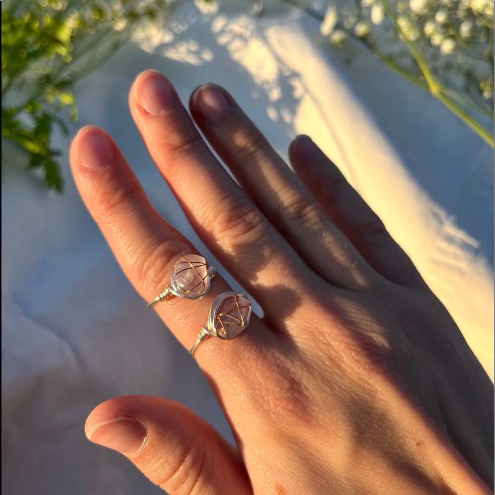Fluorite Crystal Wire Ring, Handmade Ring with Silver Colored Jewelry Wire